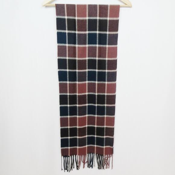 Windowpane Check Scarf Rectangle Fringe Brown Navy Blue Squares Pattern Flannel - Picture 2 of 7